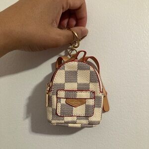 Mini Blue and White Checkered Zipper Closure Backpack Bag Charm Keychain 2 Strap